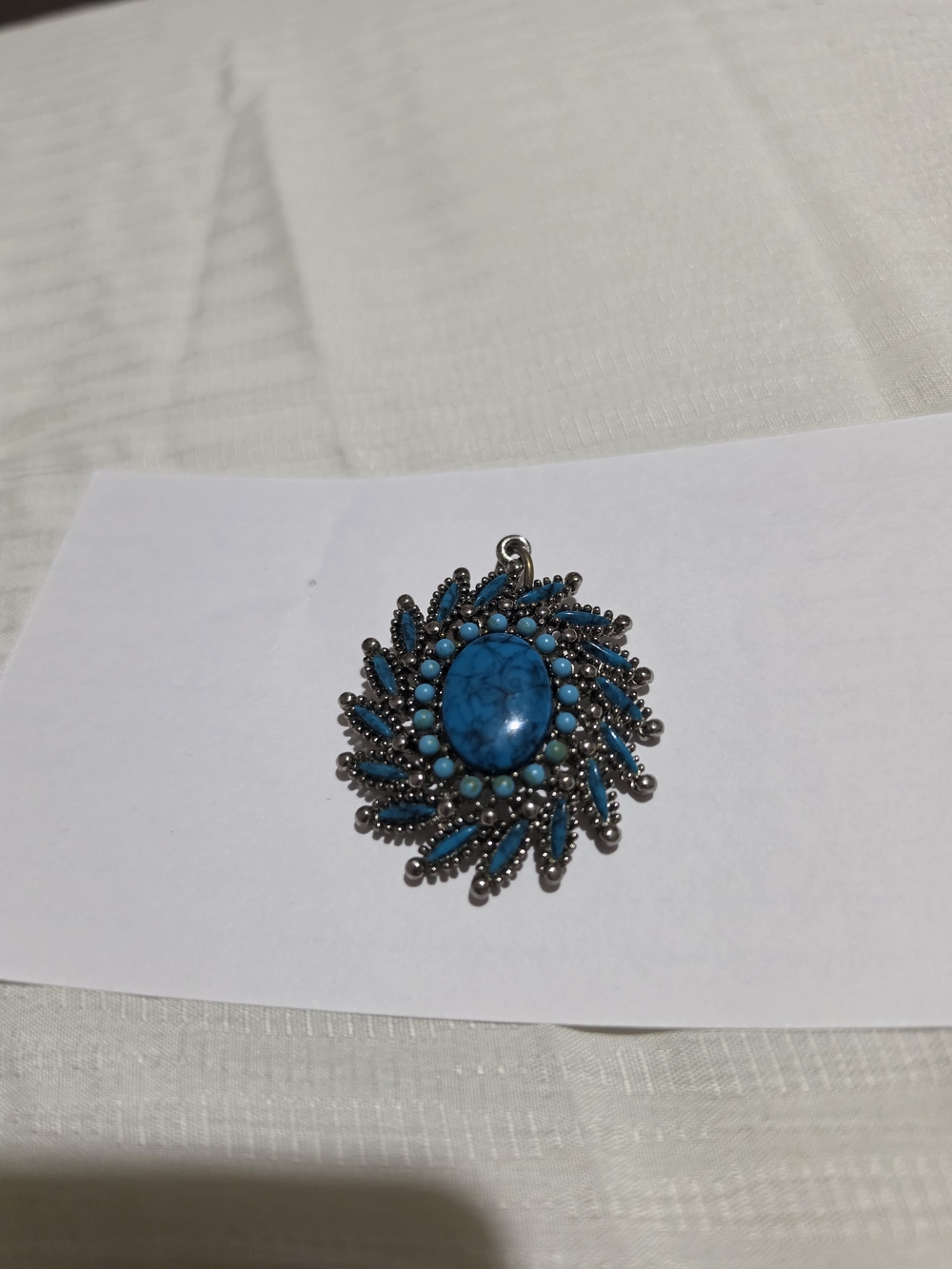 Turquoise Stone Sunburst Pendant - Blue Silver Accent Vintage